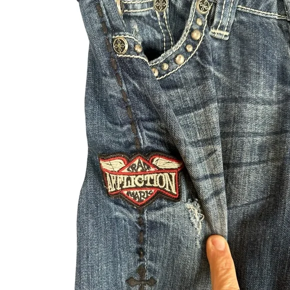 Affliction Women’s 27 Patch Jeans Denim Grunge Punk Street Whiskering Stretch - Picture 6 of 16